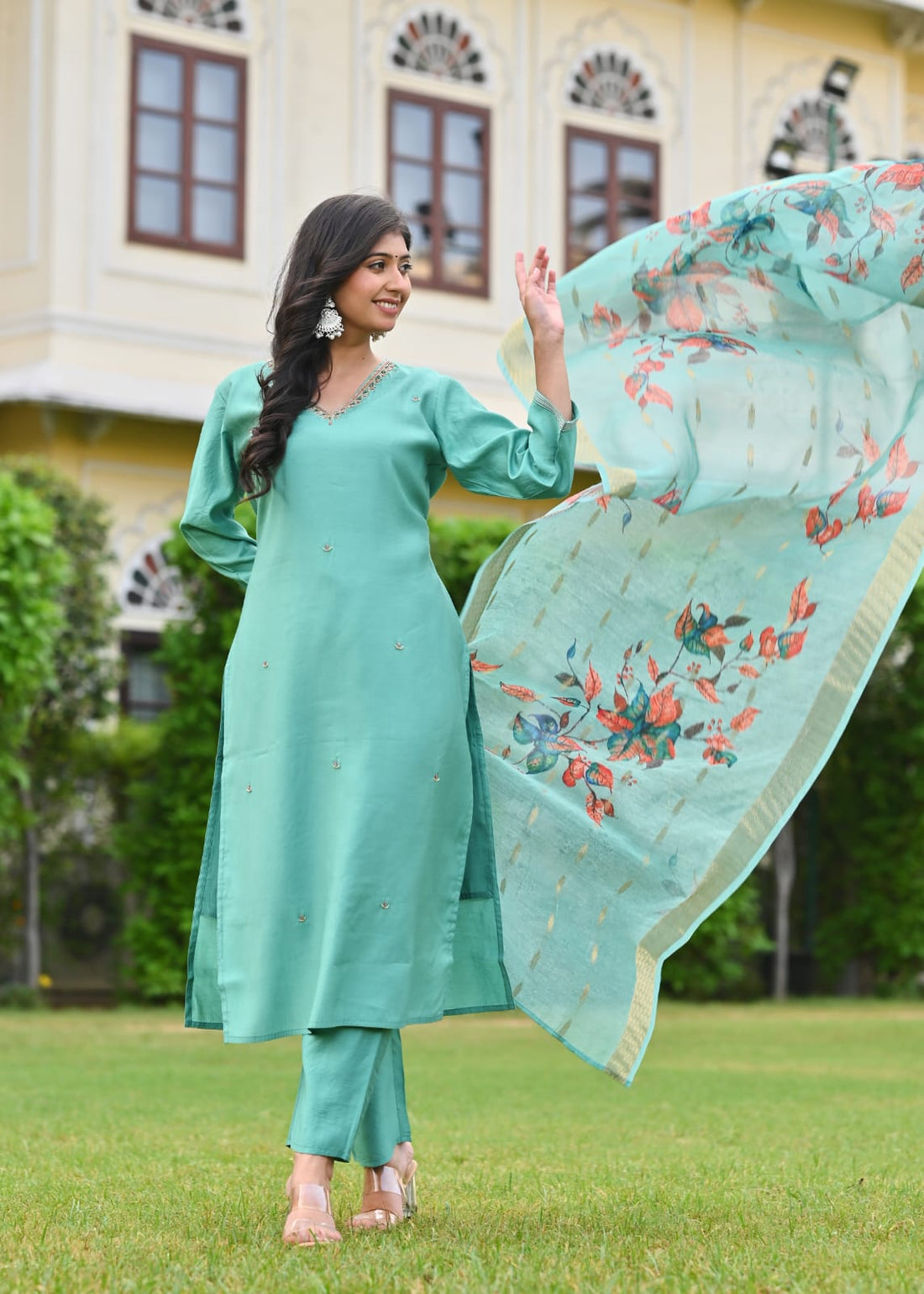 Pastel Aqua Embroidered Lawn Suit with Floral Dupatta