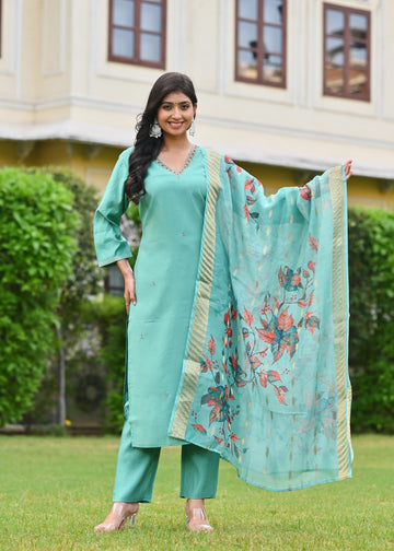 Pastel Aqua Embroidered Lawn Suit with Floral Dupatta