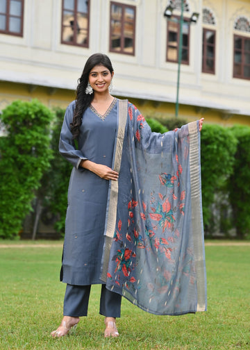Charcoal Grey Embroidered Lawn Suit with Digital Floral Dupatta