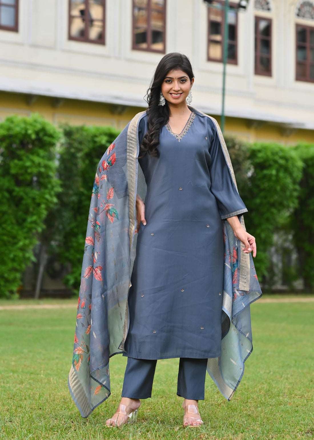 Charcoal Grey Embroidered Lawn Suit with Digital Floral Dupatta