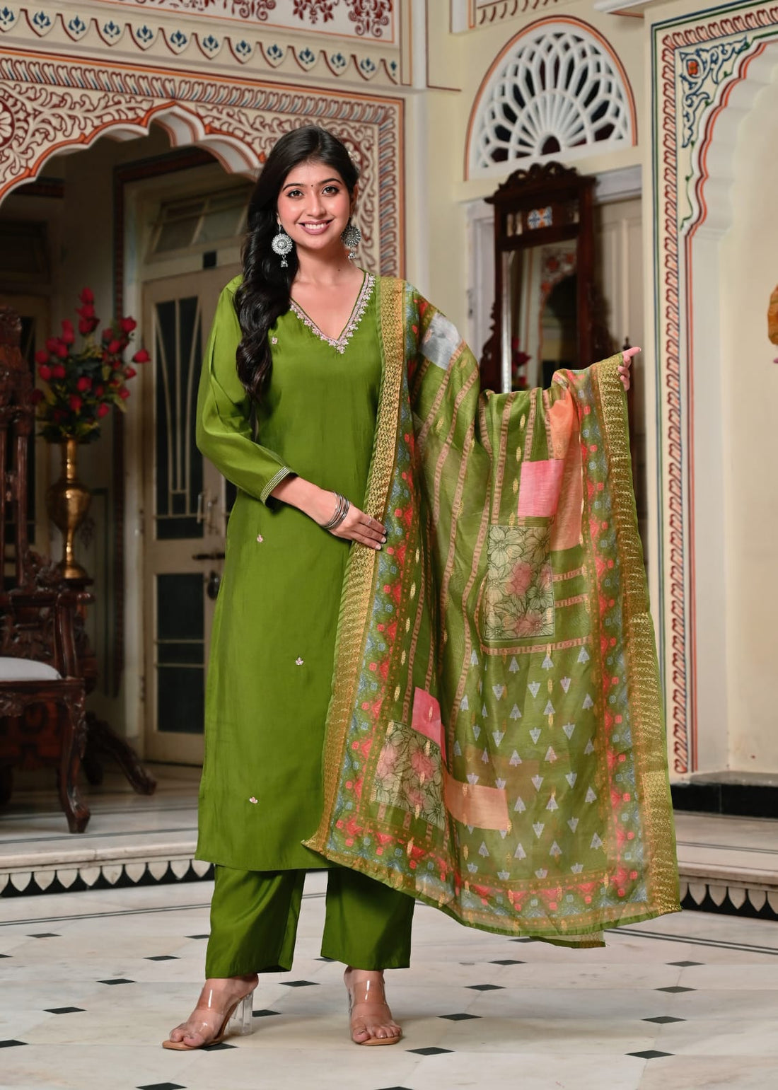 Olive Green Embroidered Lawn Suit with Artistic Digital Dupatta