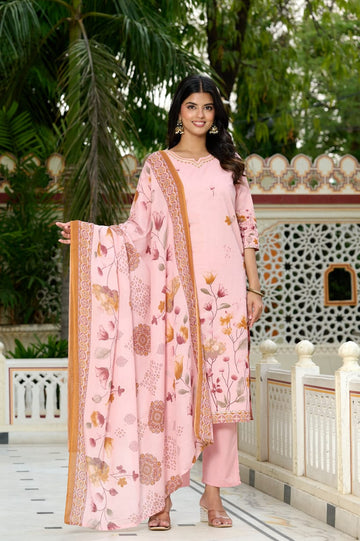 Blush Pink Floral Printed Lawn Suit with Embroidered Detailing