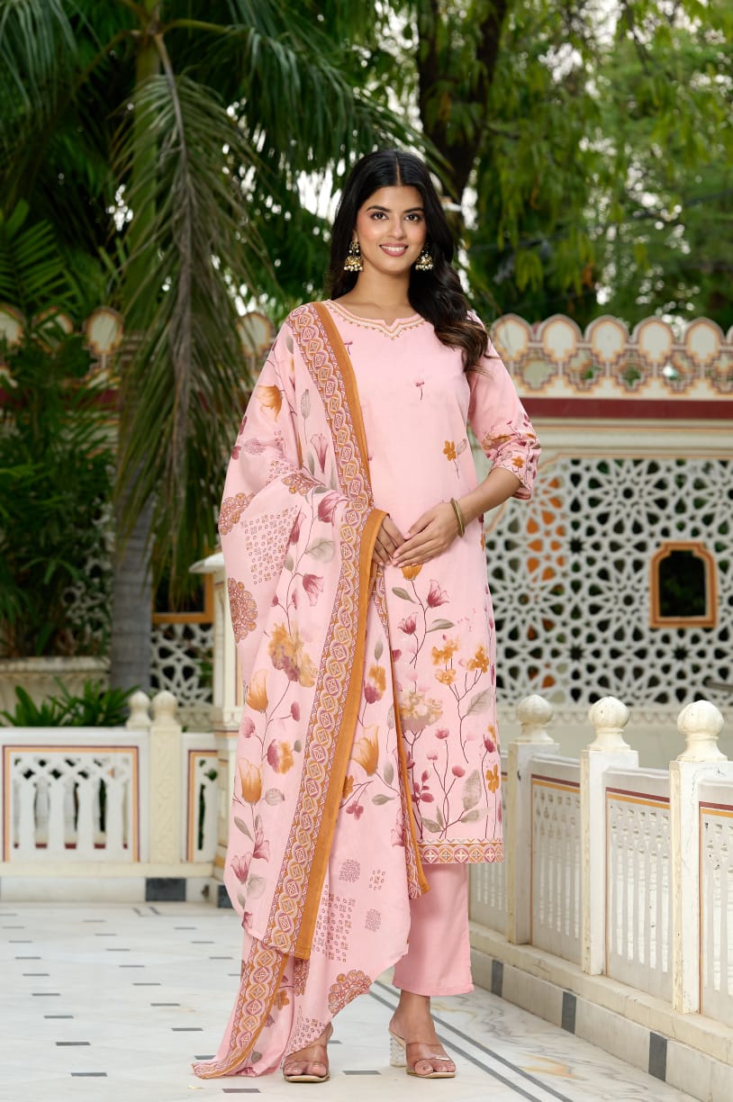 Blush Pink Floral Printed Lawn Suit with Embroidered Detailing