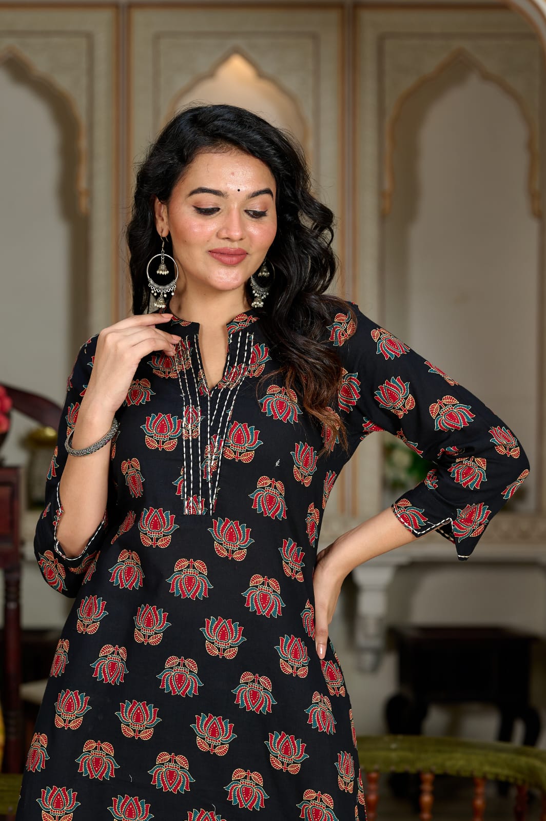 Black Printed Cotton Kurti with Elegant Neck Detailing
