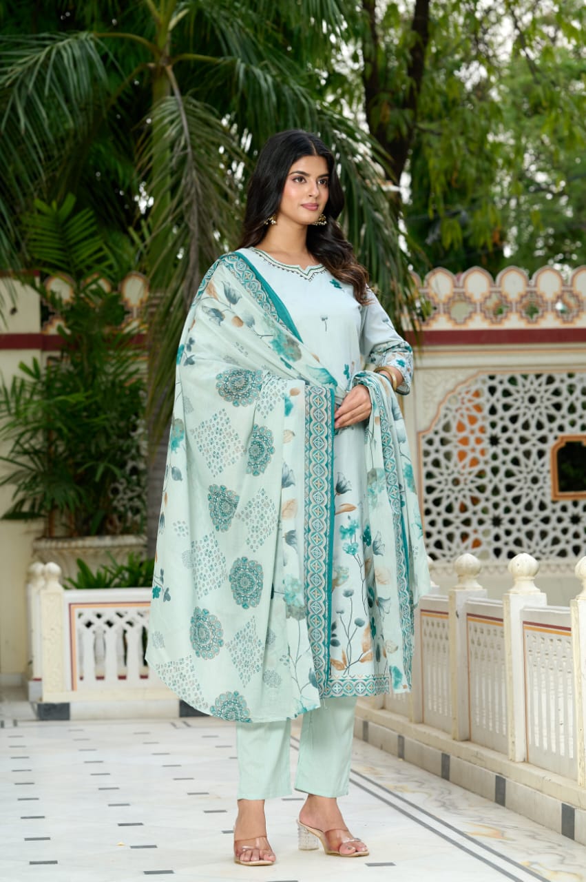 Misty Aqua Floral Printed Lawn Suit with Embroidered Detailing