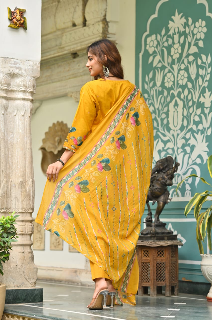 Sunshine Mustard Floral Embroidered Lawn Suit with Digital Printed Dupatta