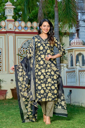 Black & Gold Floral Printed Cotton Suit Set with Striped Pants & Dupatta