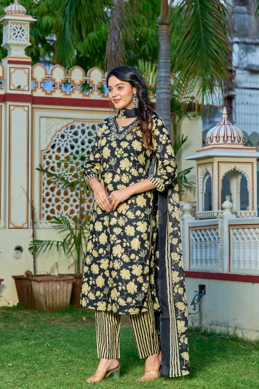 Black & Gold Floral Printed Cotton Suit Set with Striped Pants & Dupatta