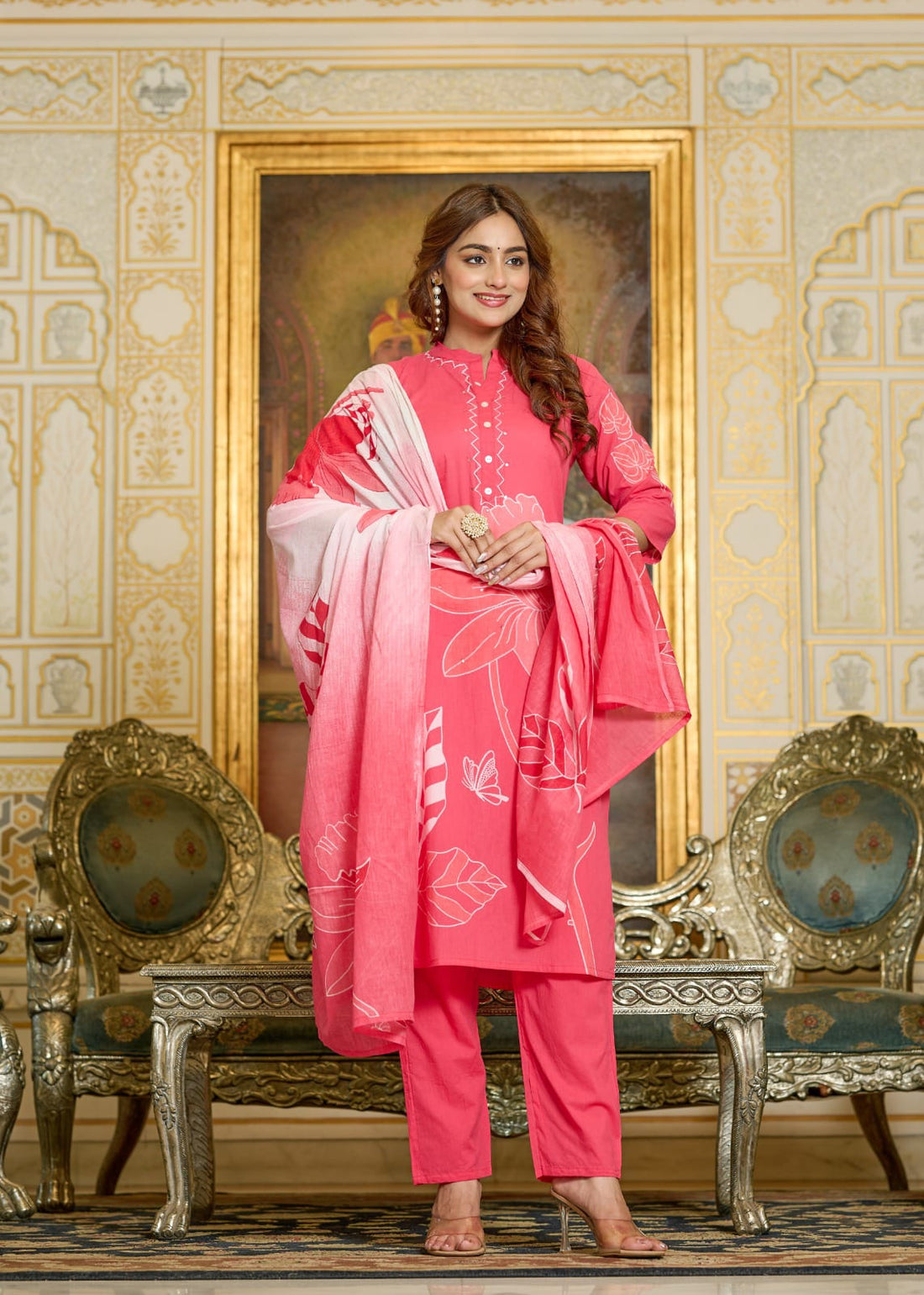 Coral Pink Floral Printed Lawn Suit with Gradient Dupatta