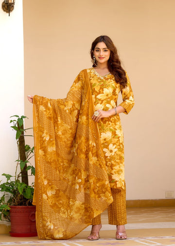 Golden Mustard Floral Printed Lawn Suit with Coordinated Dupatta