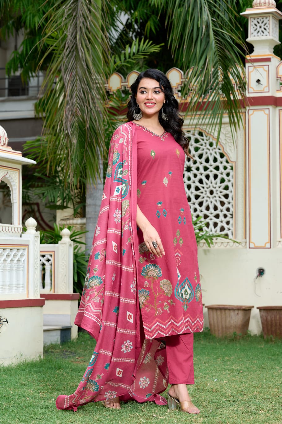 Rosy Mauve Ethnic Printed Lawn Suit with Embroidered Neckline & Dupatta