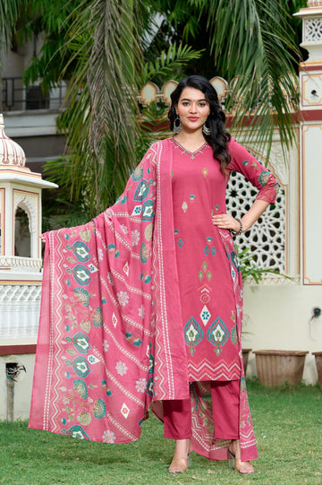 Rosy Mauve Ethnic Printed Lawn Suit with Embroidered Neckline & Dupatta