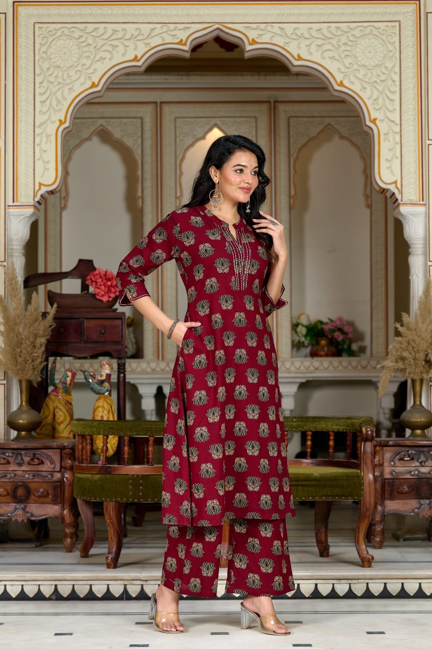 Maroon Gold Printed A-Line Kurti with Palazzo Set