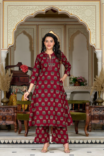 Maroon Gold Printed A-Line Kurti with Palazzo Set