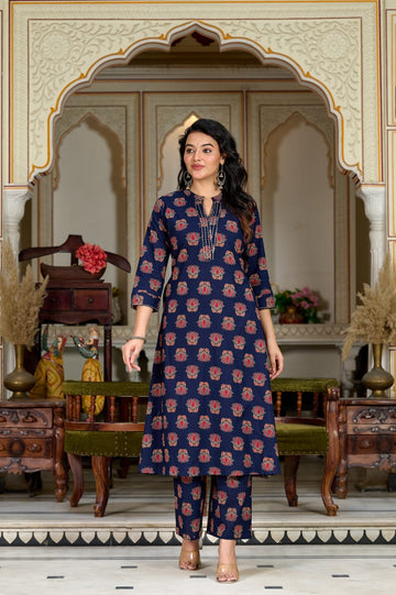 Navy Blue Printed A-Line Kurti with Palazzo Set