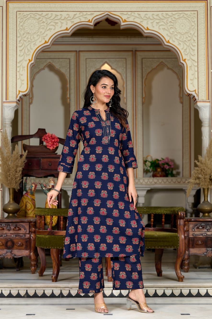 Navy Blue Printed A-Line Kurti with Palazzo Set