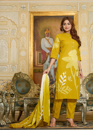 Mustard Yellow Floral Printed Lawn Suit with Elegant Dupatta