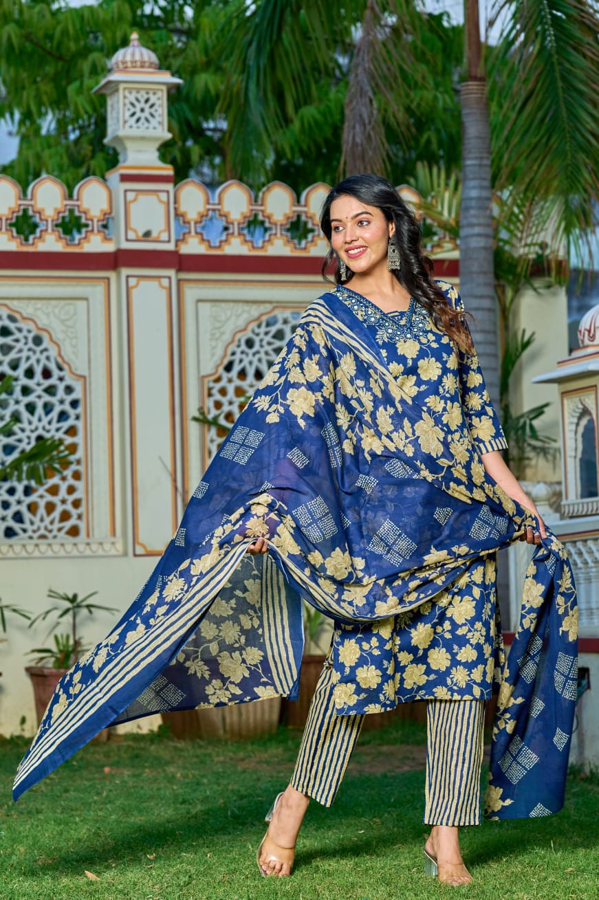 Royal Blue Floral Printed Cotton Suit Set with Dupatta & Striped Pants