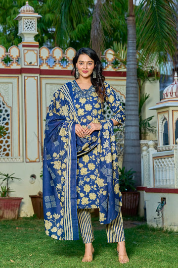 Royal Blue Floral Printed Cotton Suit Set with Dupatta & Striped Pants