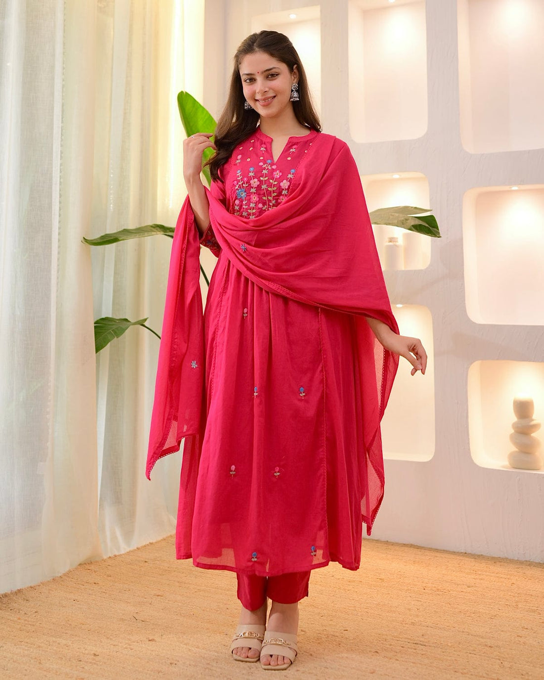 Floral Embroidered Pink Anarkali Kurta Set with Dupatta