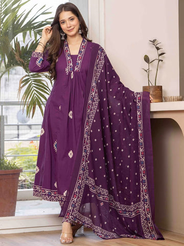 Royal Purple Printed Anarkali Kurta Set with Dupatta