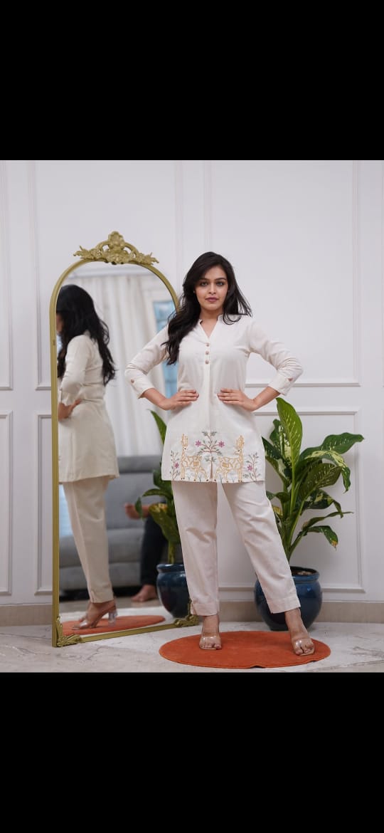 Elegant Off-White Embroidered Cotton Co-Ord Set