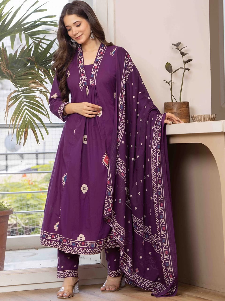 Royal Purple Printed Anarkali Kurta Set with Dupatta