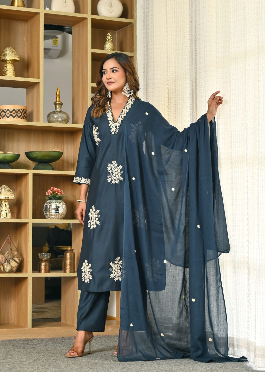 Navy Blue Embroidered Cotton Suit Set with Dupatta