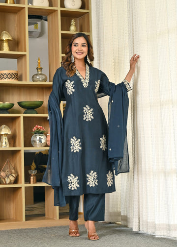 Navy Blue Embroidered Cotton Suit Set with Dupatta