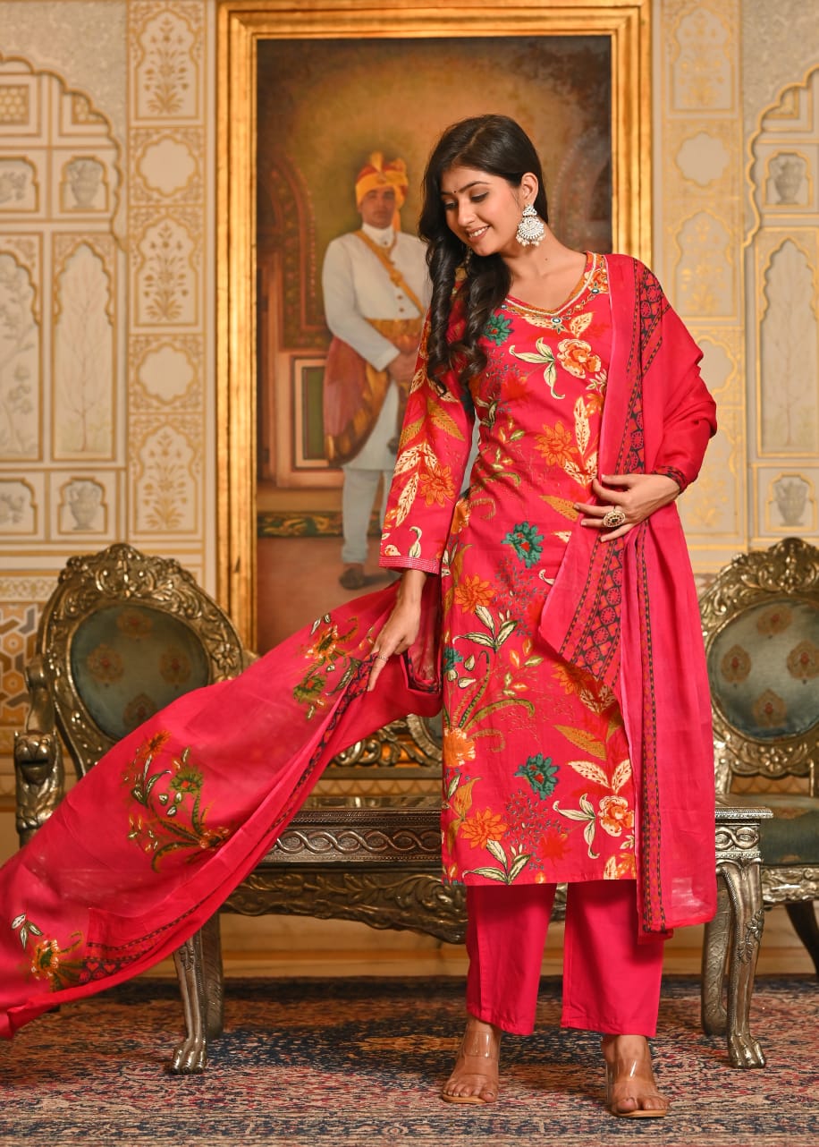Pink Floral Printed Cotton Suit Set with Dupatta