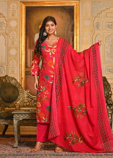 Pink Floral Printed Cotton Suit Set with Dupatta