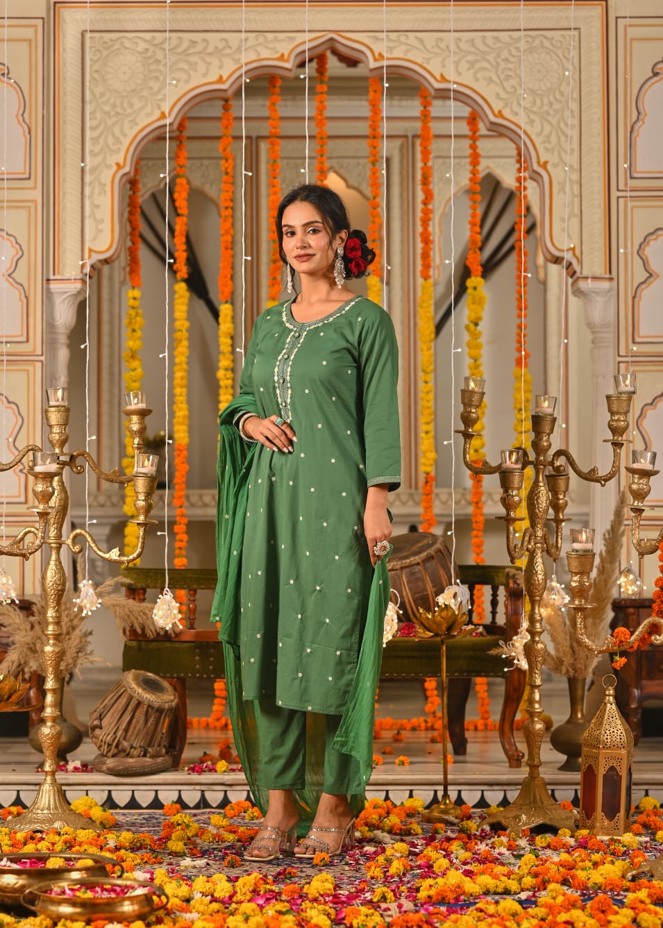 Emerald Green Embroidered Cotton Suit Set with Dupatta