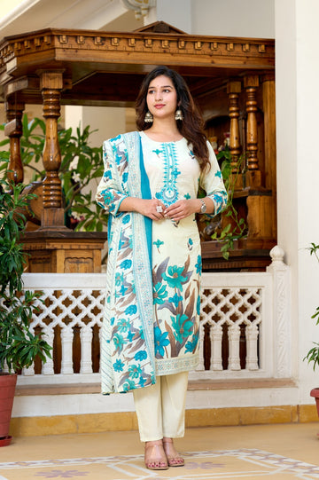 Aqua Blue & Cream Floral Printed Cotton Suit Set with Dupatta