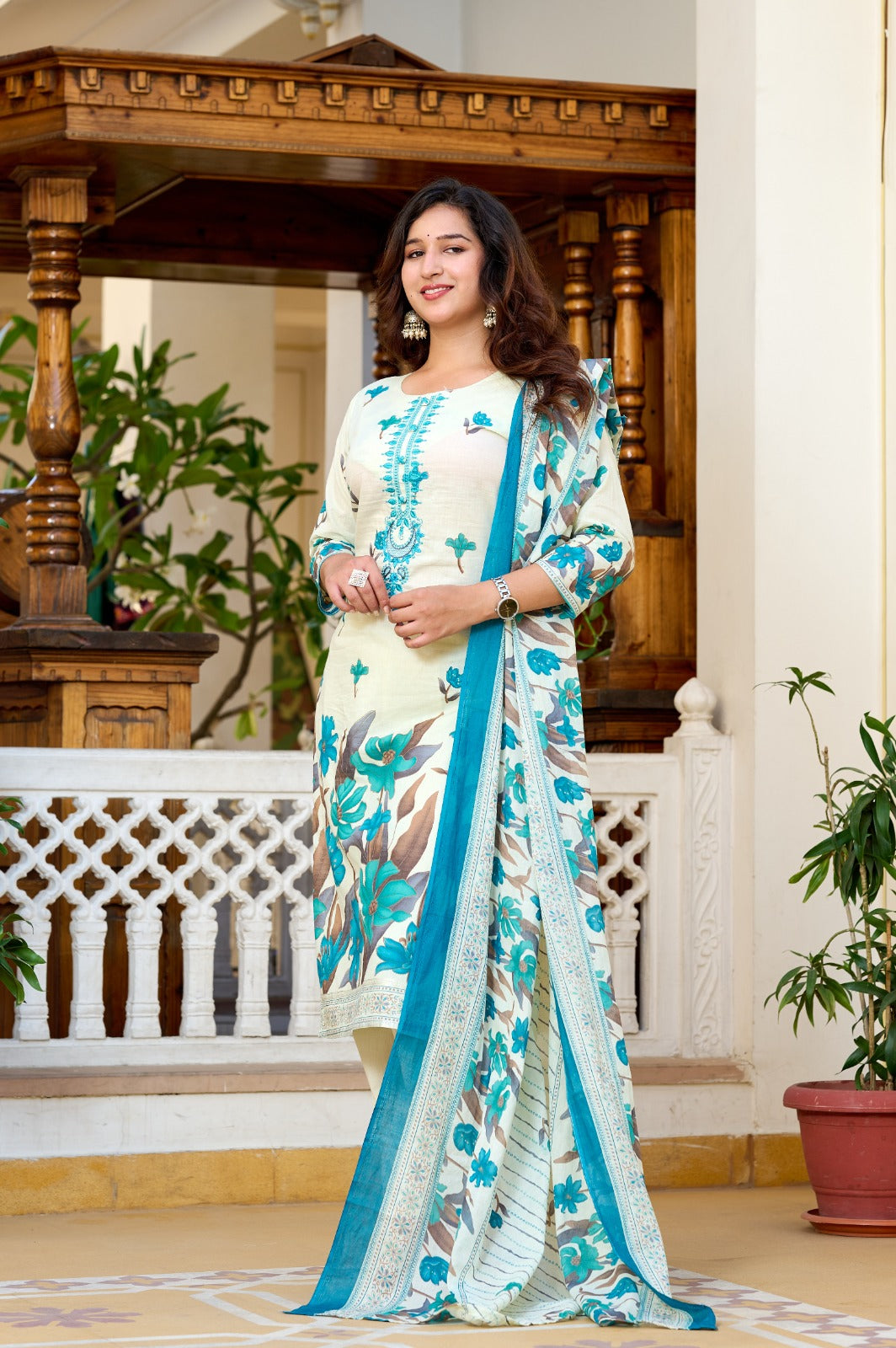 Aqua Blue & Cream Floral Printed Cotton Suit Set with Dupatta