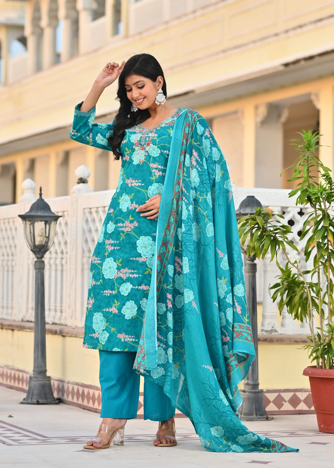 Teal Blue Floral Printed Cotton Suit Set with Embroidered Neckline