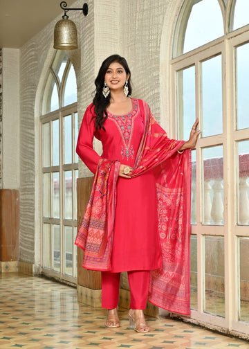 Magenta Embroidered Cotton Suit Set with Printed Dupatta