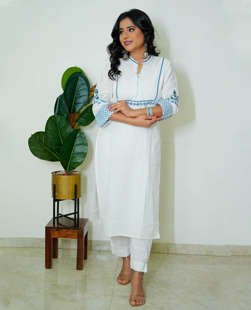 White and Blue Embroidered Cotton Kurta Set