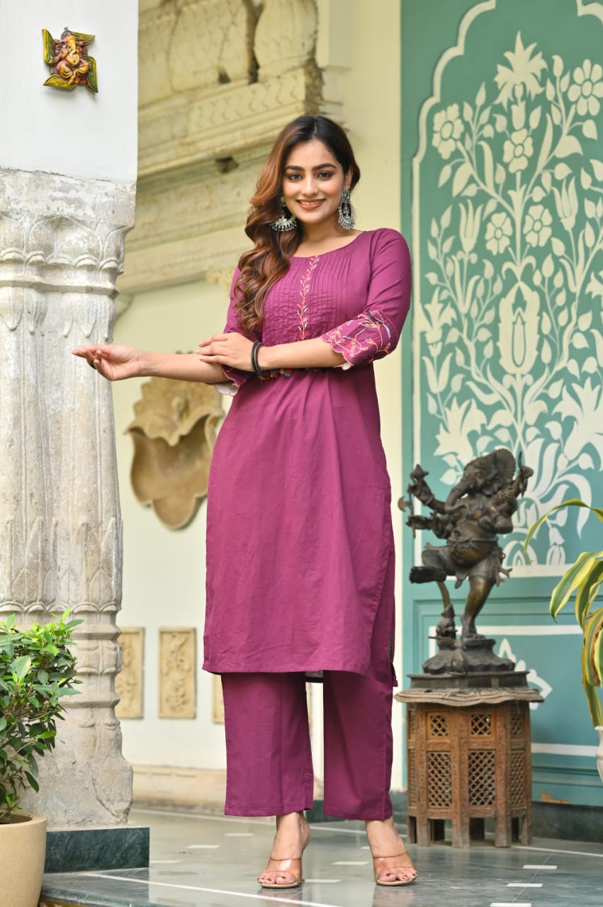 Wine Cotton Kurta Pant Set with Tassel Detailing
