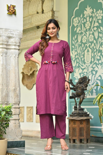 Wine Cotton Kurta Pant Set with Tassel Detailing