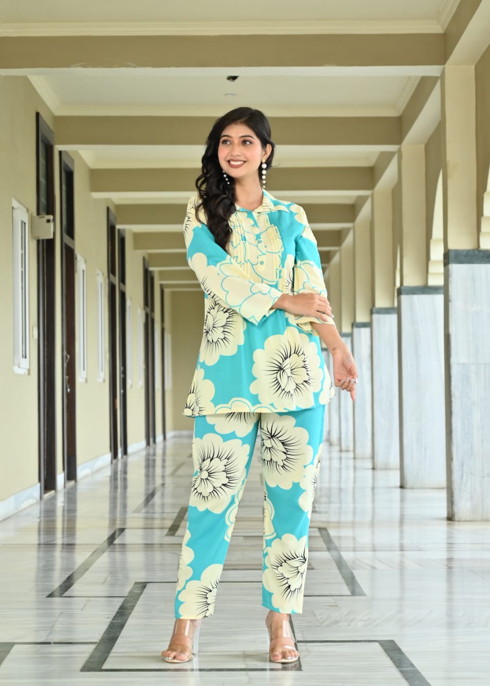Aqua Blue Floral Co-Ord Set in Cotton