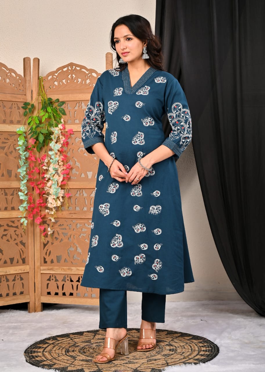 Teal Blue Printed Cotton Suit Set with Embroidered Sleeves