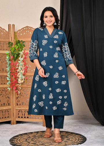 Teal Blue Printed Cotton Suit Set with Embroidered Sleeves