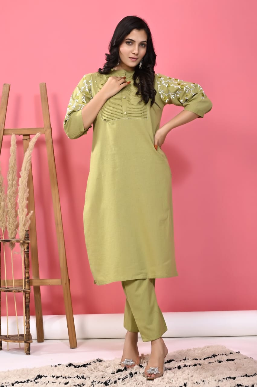 Olive Green Embroidered Cotton Kurta Set