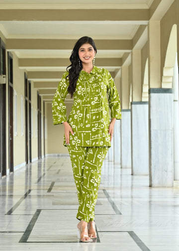 Olive Green Printed Cotton Co-ord Set