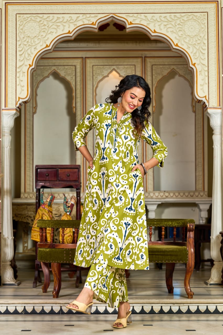 Olive Green Ikat Printed Cotton Kurta Set