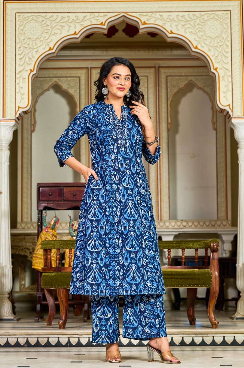 Indigo Blue Handblock Printed Cotton Kurta Set