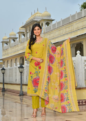 Mustard Yellow Floral Printed Cotton Suit Set with Dupatta
