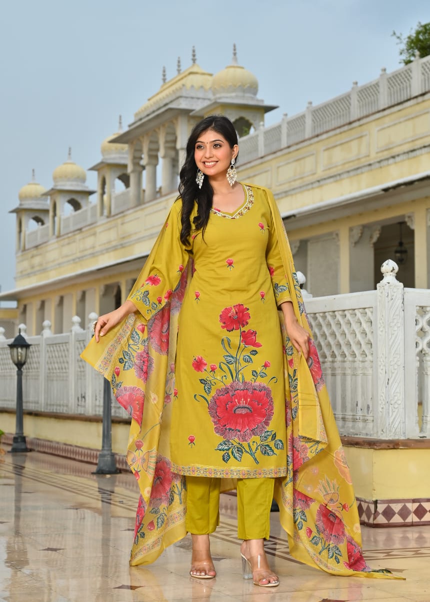 Mustard Yellow Floral Printed Cotton Suit Set with Dupatta