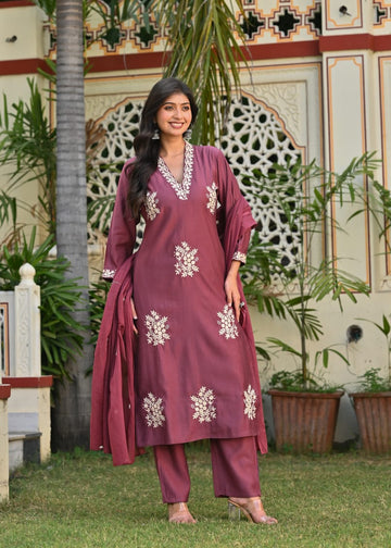 Mauve Embroidered Cotton Suit Set with Dupatta