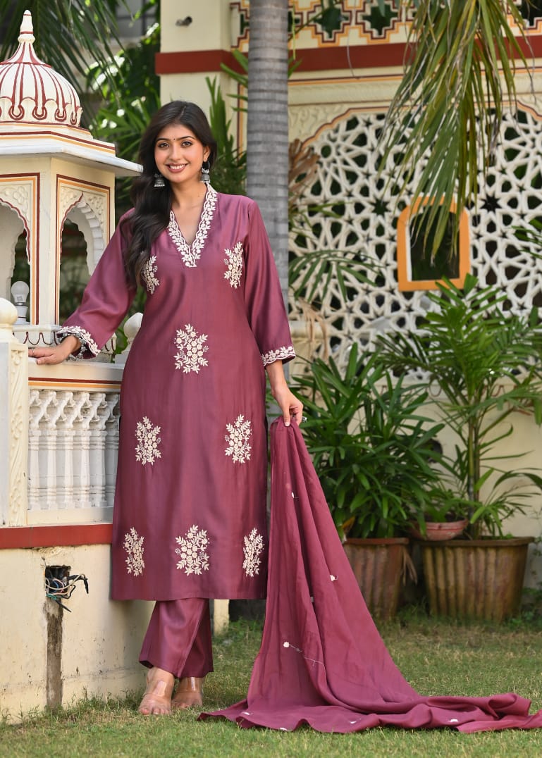 Mauve Embroidered Cotton Suit Set with Dupatta